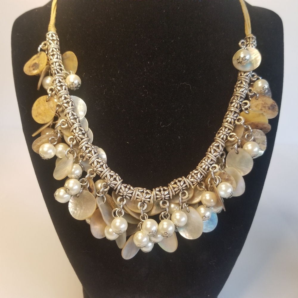 Faux Pearls shells silver tone statement Necklace
